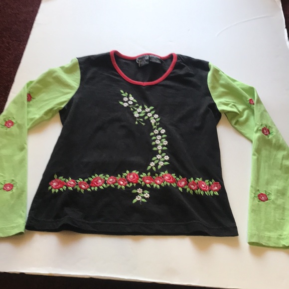 Vintage Y2K Long Sleeve Top Floral Embroidery 2000‘s Neon Green Black Floral Hot - Picture 2 of 13